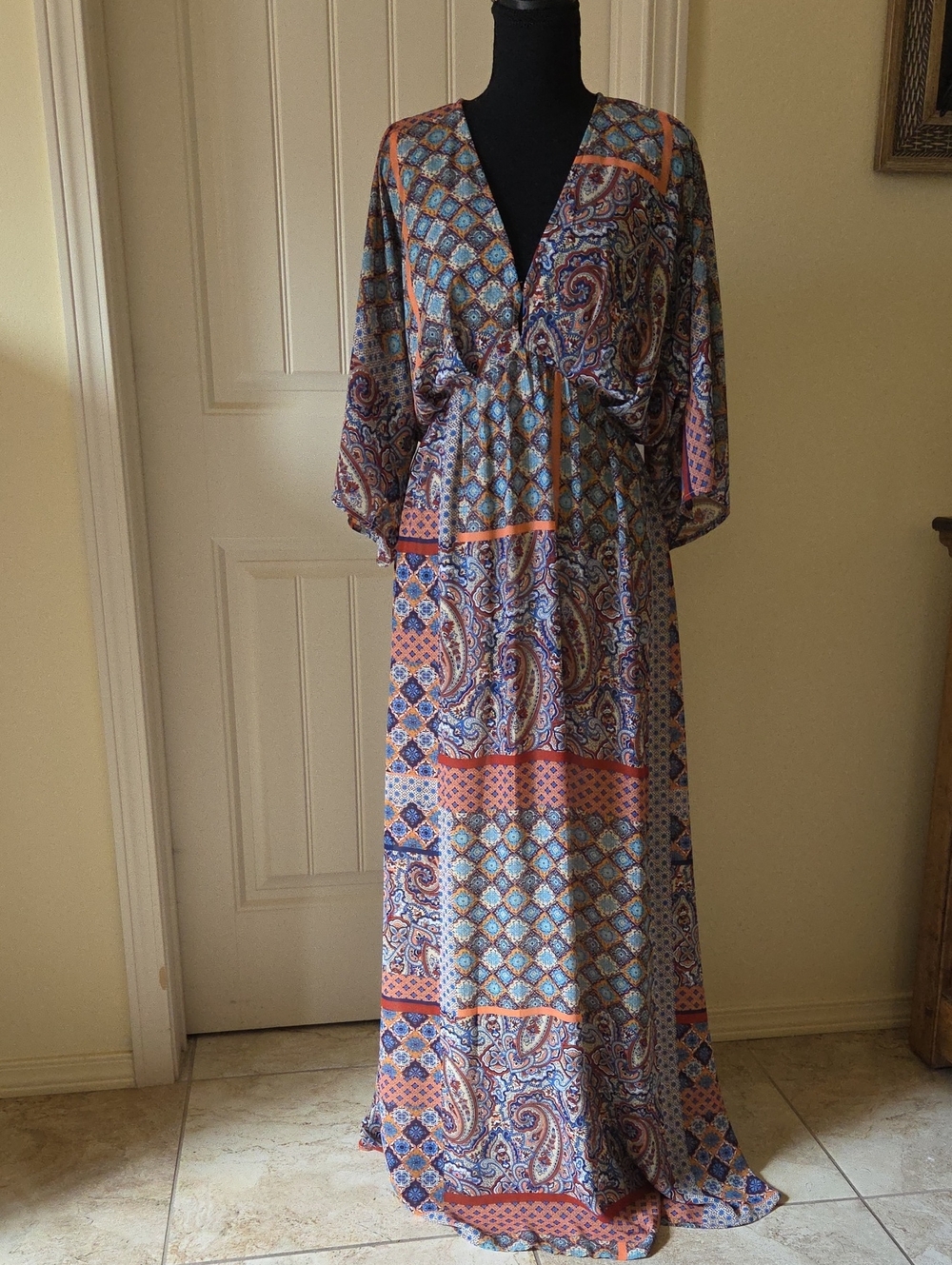 Entro Multicolor Paisley Patchwork Boho Maxi Dress in Blue and Coral, Size S